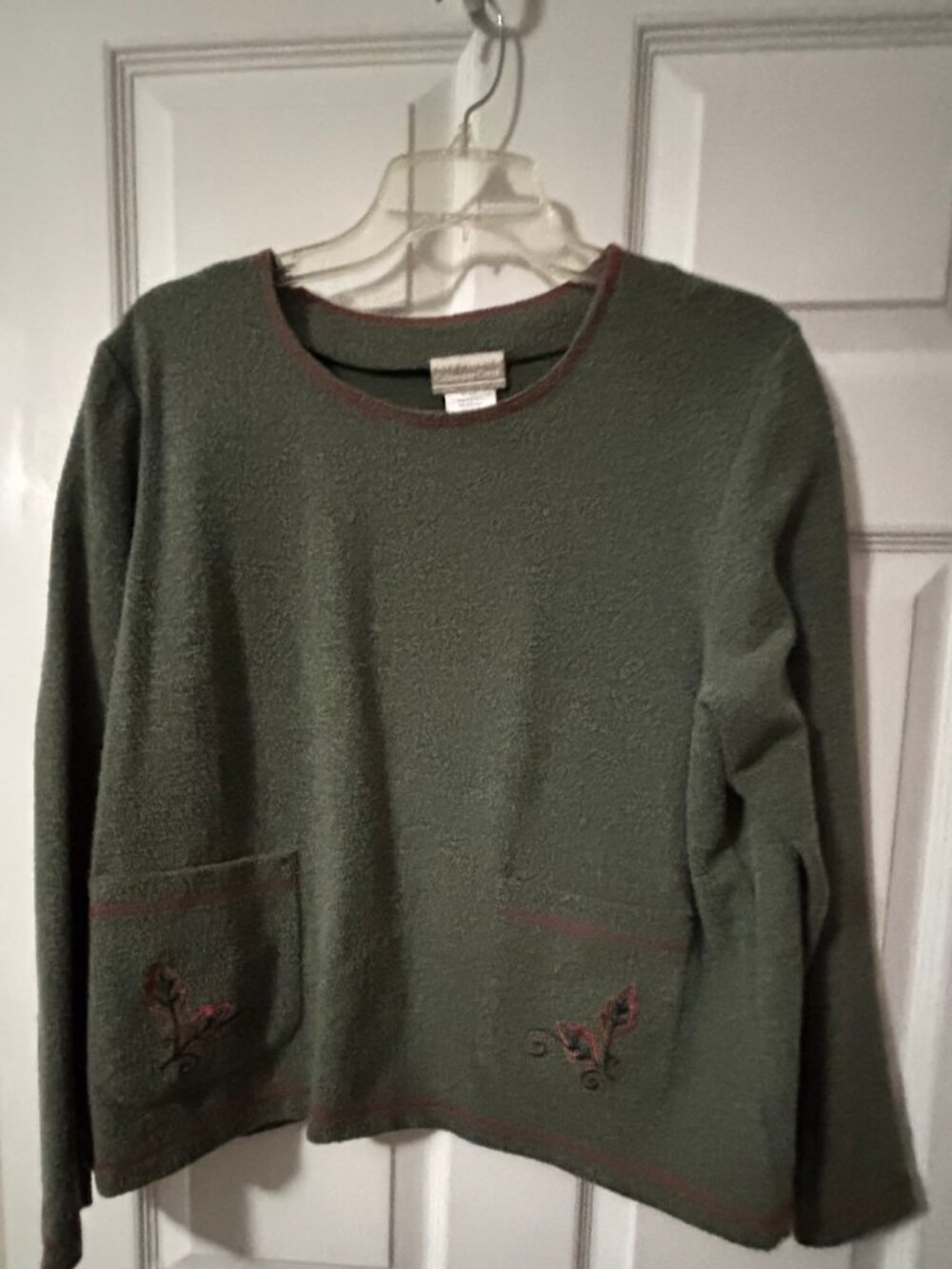 Coldwater Creek Olive Green Bouclé Knit Set M Embroidered Top Maxi Skirt Fall